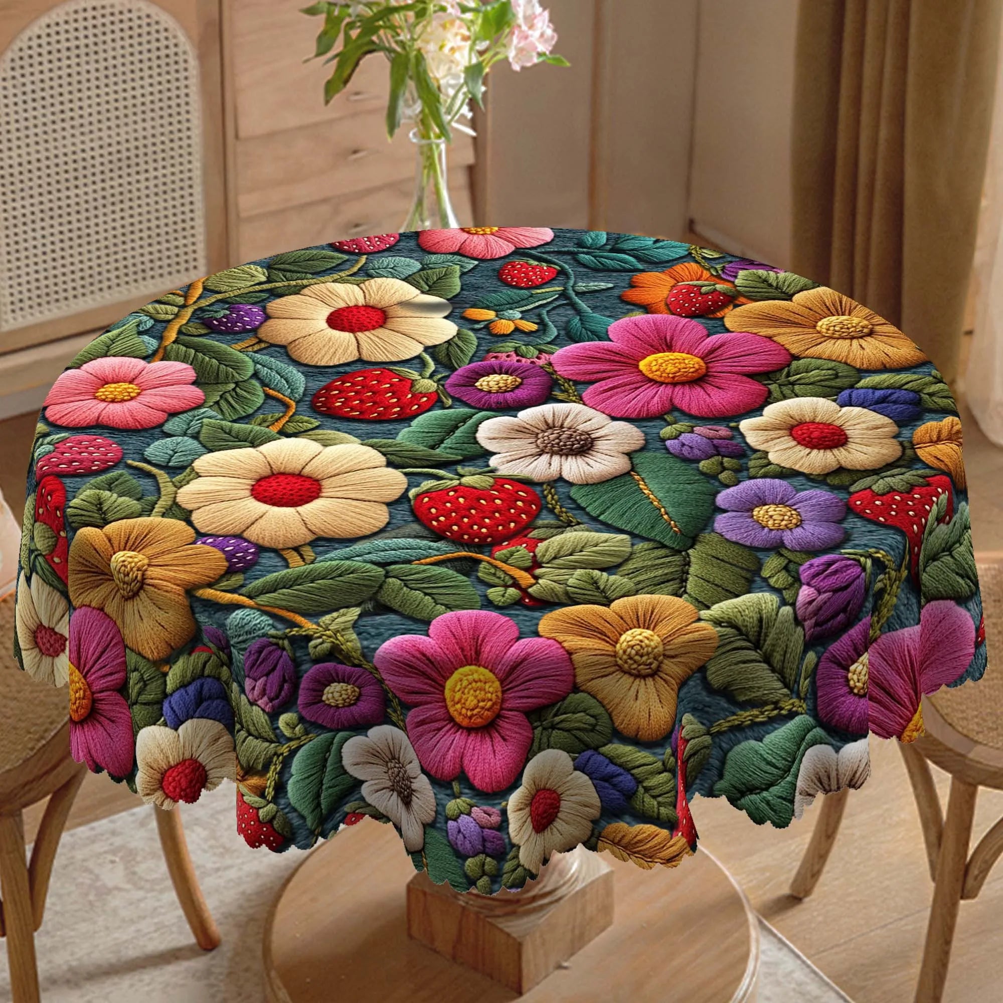 1 Piece of Spring Floral Print Tablecloth, Colorful Florals, Strawberry Pattern, Edge Embossing Process, Round and Rectangular Optional Suitable for Spring and Summer Indoor and Outdoor Table Decoration, Kitchen Decoration, P